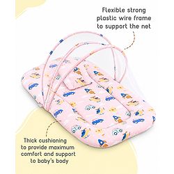 Babyhug Premium 100% Cotton Mattress Set with Mosquito Net & Pillow  Transport Print Blue| Soft Cushioned Bedding | 0-12 Months| New Born Essential| Easy Zipper Closure| Foldable & Travel-Friendly