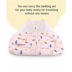 Babyhug Premium 100% Cotton Mattress Set with Mosquito Net & Pillow  Transport Print Blue| Soft Cushioned Bedding | 0-12 Months| New Born Essential| Easy Zipper Closure| Foldable & Travel-Friendly