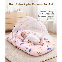 Babyhug Premium 100% Cotton Mattress Set with Mosquito Net & Pillow  Transport Print Blue| Soft Cushioned Bedding | 0-12 Months| New Born Essential| Easy Zipper Closure| Foldable & Travel-Friendly