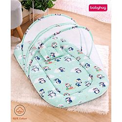 Babyhug Premium 100% Cotton Mattress Set with Mosquito Net & Pillow  Transport Print Blue| Soft Cushioned Bedding | 0-12 Months| New Born Essential| Easy Zipper Closure| Foldable & Travel-Friendly