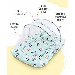 Babyhug Premium 100% Cotton Mattress Set with Mosquito Net & Pillow  Transport Print Blue| Soft Cushioned Bedding | 0-12 Months| New Born Essential| Easy Zipper Closure| Foldable & Travel-Friendly