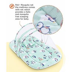 Babyhug Premium 100% Cotton Mattress Set with Mosquito Net & Pillow  Transport Print Blue| Soft Cushioned Bedding | 0-12 Months| New Born Essential| Easy Zipper Closure| Foldable & Travel-Friendly