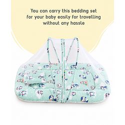Babyhug Premium 100% Cotton Mattress Set with Mosquito Net & Pillow  Transport Print Blue| Soft Cushioned Bedding | 0-12 Months| New Born Essential| Easy Zipper Closure| Foldable & Travel-Friendly