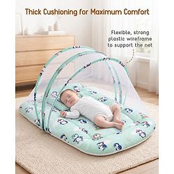 Babyhug Premium 100% Cotton Mattress Set with Mosquito Net & Pillow  Transport Print Blue| Soft Cushioned Bedding | 0-12 Months| New Born Essential| Easy Zipper Closure| Foldable & Travel-Friendly