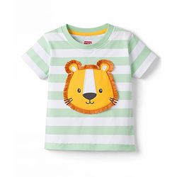 Babyhug Cotton Knit Half Sleeves Striped T-Shirt With Lion Graphics - White & Light Green