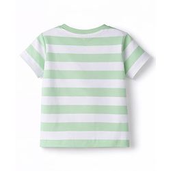 Babyhug Cotton Knit Half Sleeves Striped T-Shirt With Lion Graphics - White & Light Green