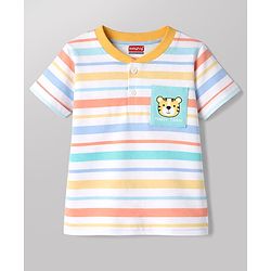 Babyhug Cotton Knit T-Shirt Half Sleeves Striped Henley Tee with Graphics Multi Color 9-12 Months