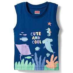 Babyhug Cotton Knit Sleeveless T-Shirt With Sea Animals Print - Navy Blue