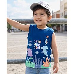 Babyhug Cotton Knit Sleeveless T-Shirt With Sea Animals Print - Navy Blue