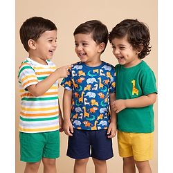 Babyhug Cotton Knit Half Sleeves T-Shirts with Animal & Striped Print Pack of 3 - Blue Turquoise & White