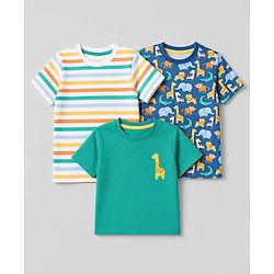 Babyhug Cotton Knit Half Sleeves T-Shirts with Animal & Striped Print Pack of 3 - Blue Turquoise & White