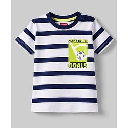 Babyhug Cotton Knit Half Sleeves Striped T-Shirt With Football Print - White & Navy Blue