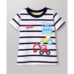 Babyhug Cotton Knit Half Sleeves Striped T-Shirt with Vehicle Print - Multicolor