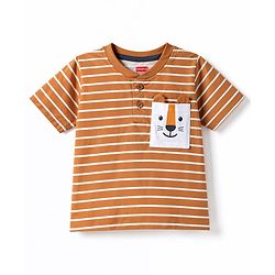 Babyhug 100% Cotton Knit T-Shirts Half Sleeves Striped Henley With Tiger Patch - Orange