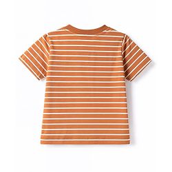 Babyhug 100% Cotton Knit T-Shirts Half Sleeves Striped Henley With Tiger Patch - Orange