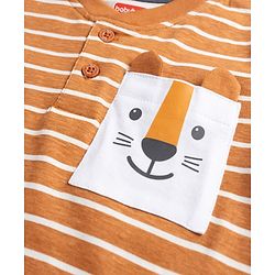 Babyhug 100% Cotton Knit T-Shirts Half Sleeves Striped Henley With Tiger Patch - Orange