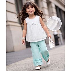 Babyhug Cotton Woven  Sleeveless Self Embroidered Solid Colour Top and Pant Set - White