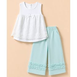 Babyhug Cotton Woven  Sleeveless Self Embroidered Solid Colour Top and Pant Set - White