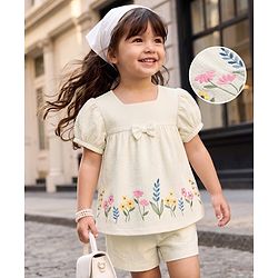 Babyhug 100% Cotton Single Jersey Knit Half Sleeves Top & Shorts With Floral Embroidery & Bow Applique - White