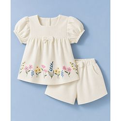 Babyhug 100% Cotton Single Jersey Knit Half Sleeves Top & Shorts With Floral Embroidery & Bow Applique - White