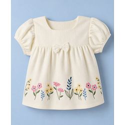 Babyhug 100% Cotton Single Jersey Knit Half Sleeves Top & Shorts With Floral Embroidery & Bow Applique - White