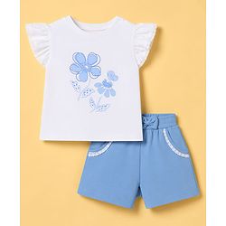 Babyhug Single Jersey Knit Half Frill Sleeves Floral Printed Top & Shorts Set With Lace Detailing - White & Light Blue