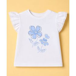 Babyhug Single Jersey Knit Half Frill Sleeves Floral Printed Top & Shorts Set With Lace Detailing - White & Light Blue