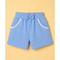 Babyhug Single Jersey Knit Half Frill Sleeves Floral Printed Top & Shorts Set With Lace Detailing - White & Light Blue