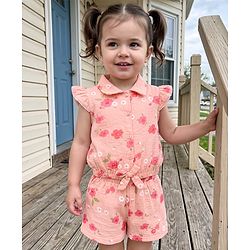 Babyhug Cotton Woven Half Sleeves Top & Shorts Co-Ord Set With Floral Print - Coral
