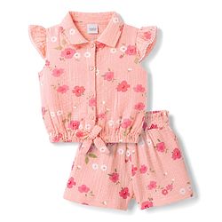 Babyhug Cotton Woven Half Sleeves Top & Shorts Co-Ord Set With Floral Print - Coral