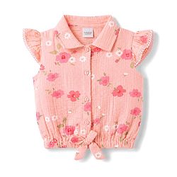 Babyhug Cotton Woven Half Sleeves Top & Shorts Co-Ord Set With Floral Print - Coral