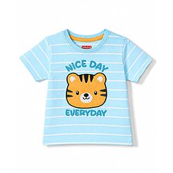 Babyhug 100% Cotton Knit Half Sleeves Striped & Tiger Embroidered T-Shirt - Light Blue