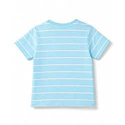 Babyhug 100% Cotton Knit Half Sleeves Striped & Tiger Embroidered T-Shirt - Light Blue