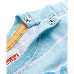Babyhug 100% Cotton Knit Half Sleeves Striped & Tiger Embroidered T-Shirt - Light Blue