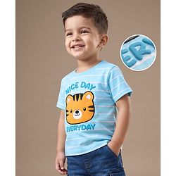 Babyhug 100% Cotton Knit Half Sleeves Striped & Tiger Embroidered T-Shirt - Light Blue