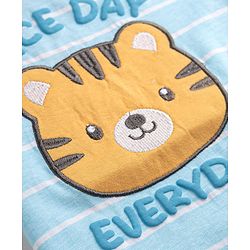 Babyhug 100% Cotton Knit Half Sleeves Striped & Tiger Embroidered T-Shirt - Light Blue