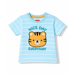 Babyhug 100% Cotton Knit Half Sleeves Striped & Tiger Embroidered T-Shirt - Light Blue