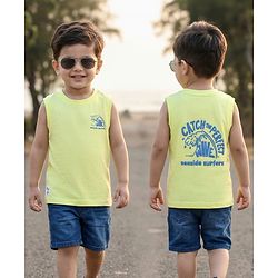 Babyhug Cotton Knit Sleeveless Tank T-Shirt with Beach Theme Print - Light Green