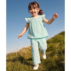 Babyhug Cotton Woven Half Frill Sleeves Floral Embroidered top & Pant Set - Sea Green