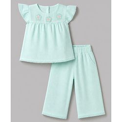 Babyhug Cotton Woven Half Frill Sleeves Floral Embroidered top & Pant Set - Sea Green