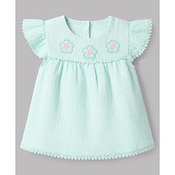 Babyhug Cotton Woven Half Frill Sleeves Floral Embroidered top & Pant Set - Sea Green