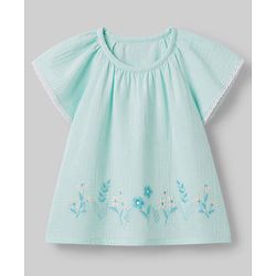 Babyhug Cotton woven Half Flutter Sleeves Floral Embroidered Top & Shorts Set - Sea Green