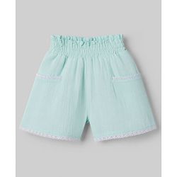 Babyhug Cotton woven Half Flutter Sleeves Floral Embroidered Top & Shorts Set - Sea Green