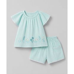 Babyhug Cotton woven Half Flutter Sleeves Floral Embroidered Top & Shorts Set - Sea Green