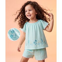 Babyhug Cotton woven Half Flutter Sleeves Floral Embroidered Top & Shorts Set - Sea Green