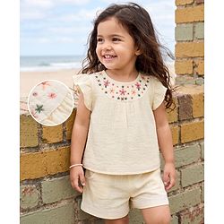 Babyhug Cotton Woven Half Frill Sleeves Floral Embroidered Top & Shorts Set - OffWhite