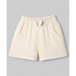 Babyhug Cotton Woven Half Frill Sleeves Floral Embroidered Top & Shorts Set - OffWhite