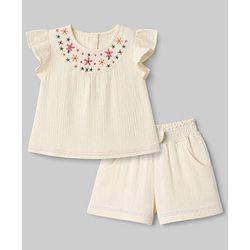 Babyhug Cotton Woven Half Frill Sleeves Floral Embroidered Top & Shorts Set - OffWhite