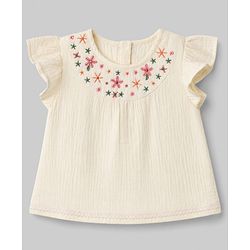Babyhug Cotton Woven Half Frill Sleeves Floral Embroidered Top & Shorts Set - OffWhite