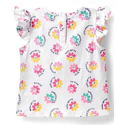 Babyhug Single Jersey Knit Denim Dungaree & Half Sleeves T-Shirt With Floral Print - White & Blue